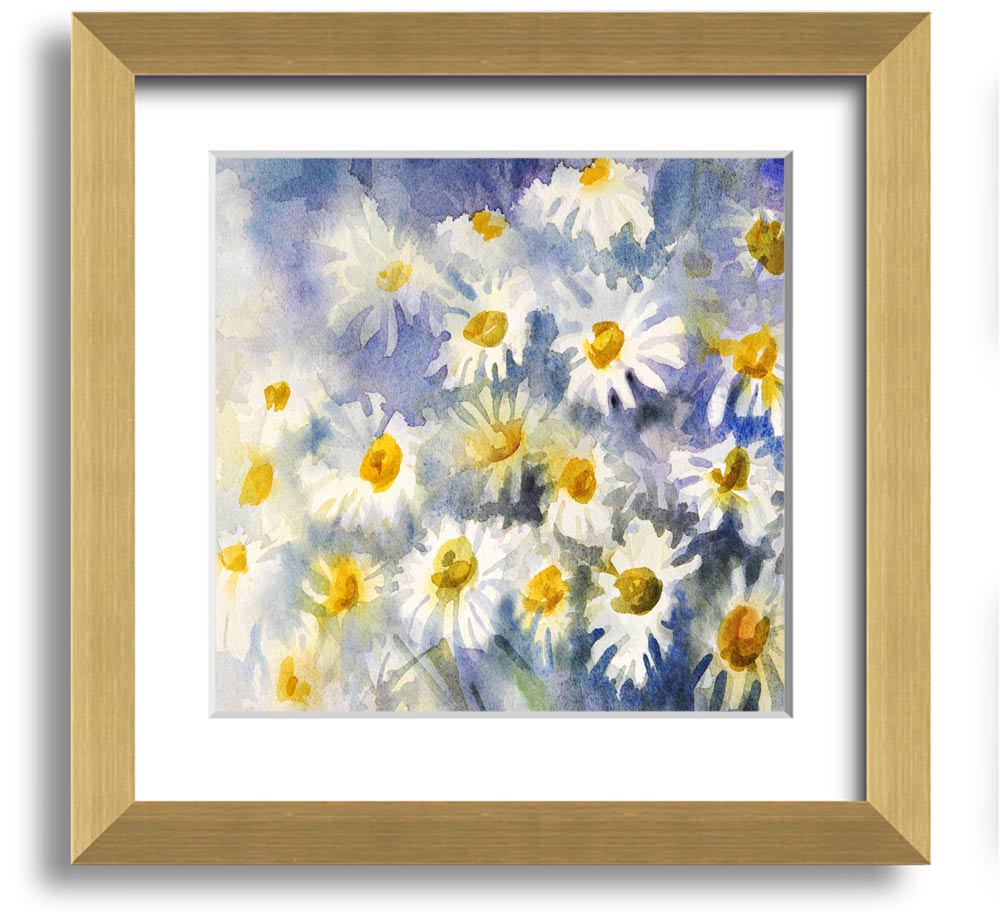 Abstract Daisy Blues Square Framed Print with vibrant blue tones and floral design, framed in a stylish frame.