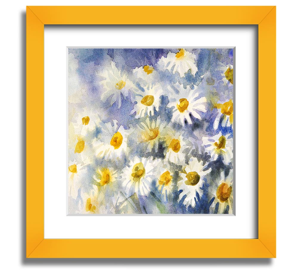 Abstract Daisy Blues Square Framed Print with vibrant blue tones and floral design, framed in a stylish frame.