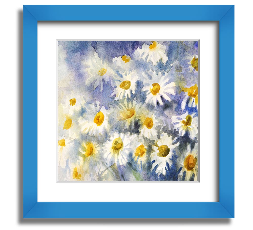 Abstract Daisy Blues Square Framed Print with vibrant blue tones and floral design, framed in a stylish frame.