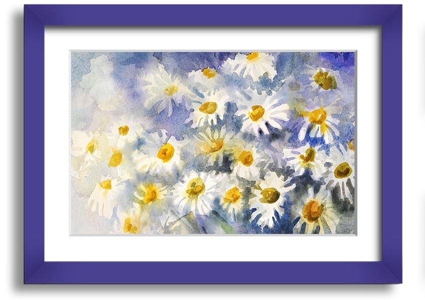 Abstract Daisy Blues framed print featuring vibrant blue tones and a unique daisy design, ready to hang.