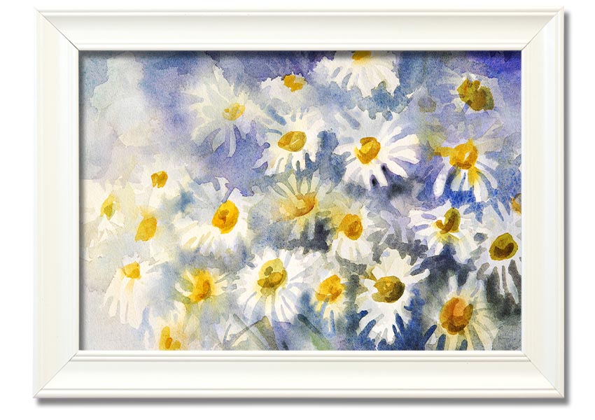 Abstract Daisy Blues framed print featuring vibrant blue tones and a unique daisy design, ready to hang.