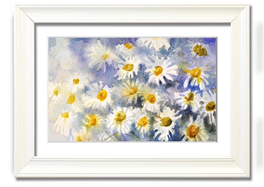 Abstract Daisy Blues framed print featuring vibrant blue tones and a unique daisy design, ready to hang.