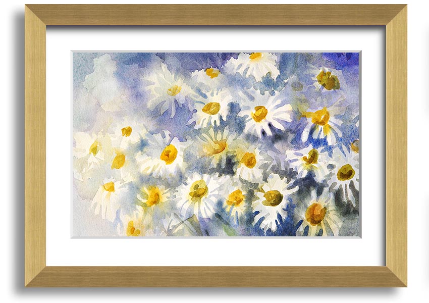 Abstract Daisy Blues framed print featuring vibrant blue tones and a unique daisy design, ready to hang.