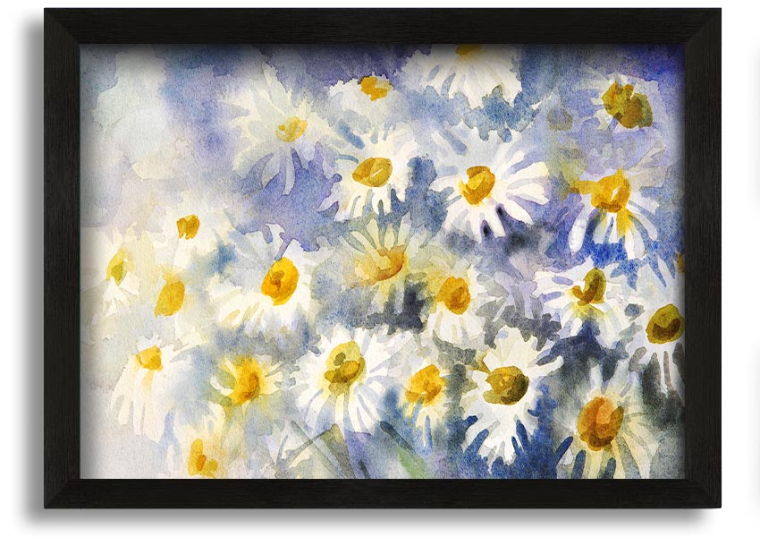 Abstract Daisy Blues framed print featuring vibrant blue tones and a unique daisy design, ready to hang.