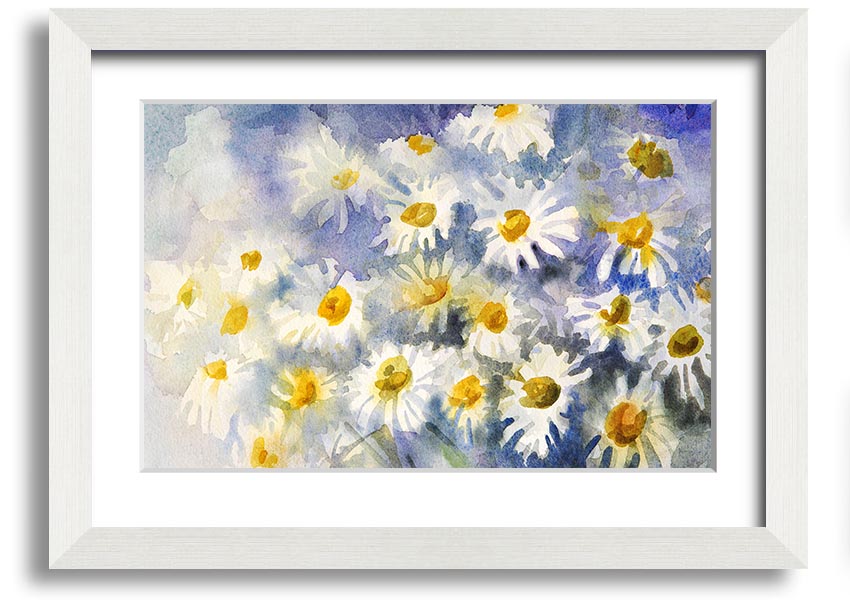 Abstract Daisy Blues framed print featuring vibrant blue tones and a unique daisy design, ready to hang.