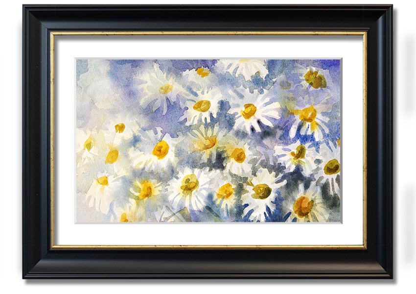 Abstract Daisy Blues framed print featuring vibrant blue tones and a unique daisy design, ready to hang.