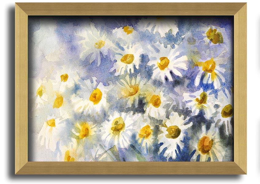 Abstract Daisy Blues framed print featuring vibrant blue tones and a unique daisy design, ready to hang.