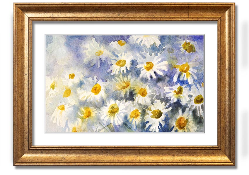 Abstract Daisy Blues framed print featuring vibrant blue tones and a unique daisy design, ready to hang.