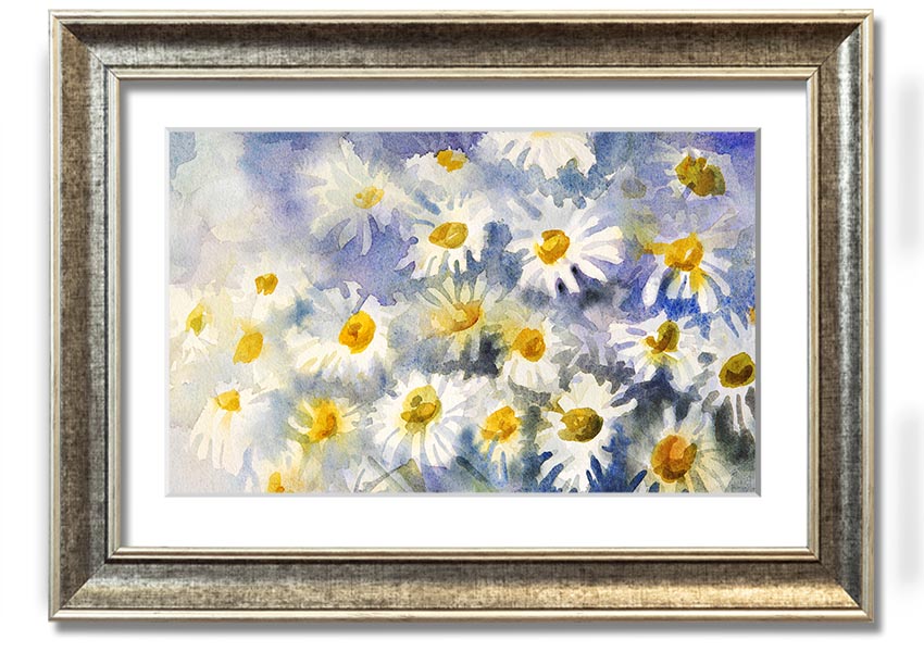 Abstract Daisy Blues framed print featuring vibrant blue tones and a unique daisy design, ready to hang.