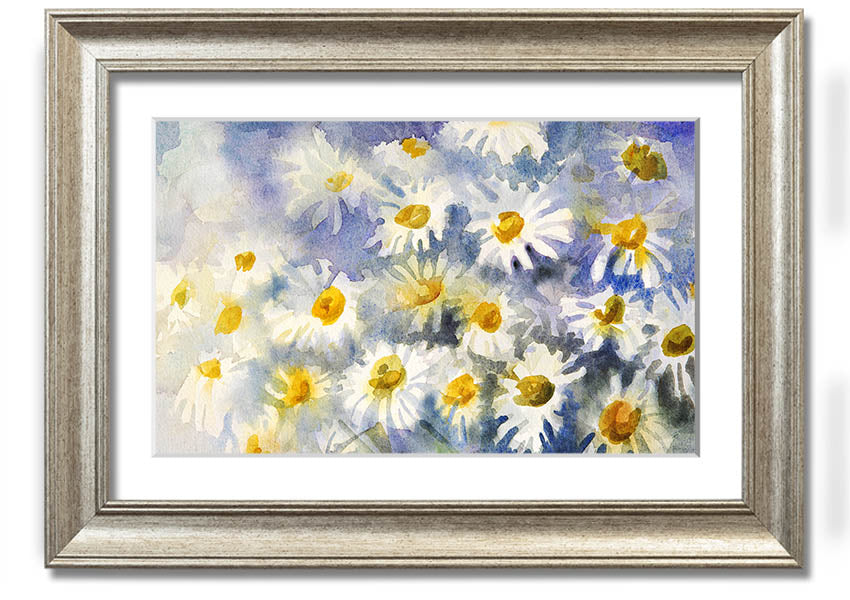 Abstract Daisy Blues framed print featuring vibrant blue tones and a unique daisy design, ready to hang.