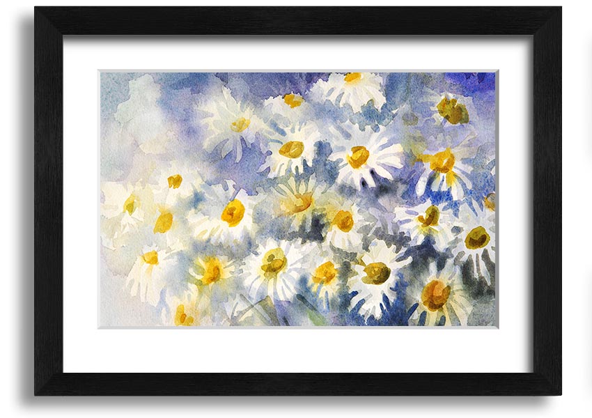 Abstract Daisy Blues framed print featuring vibrant blue tones and a unique daisy design, ready to hang.