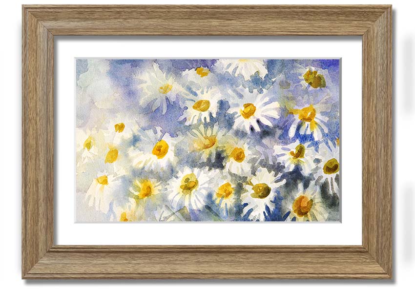 Abstract Daisy Blues framed print featuring vibrant blue tones and a unique daisy design, ready to hang.