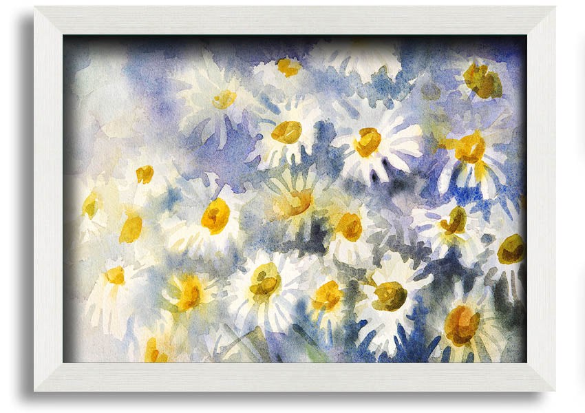 Abstract Daisy Blues framed print featuring vibrant blue tones and a unique daisy design, ready to hang.