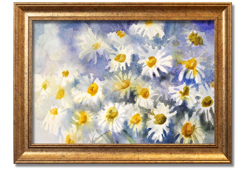 Abstract Daisy Blues framed print featuring vibrant blue tones and a unique daisy design, ready to hang.