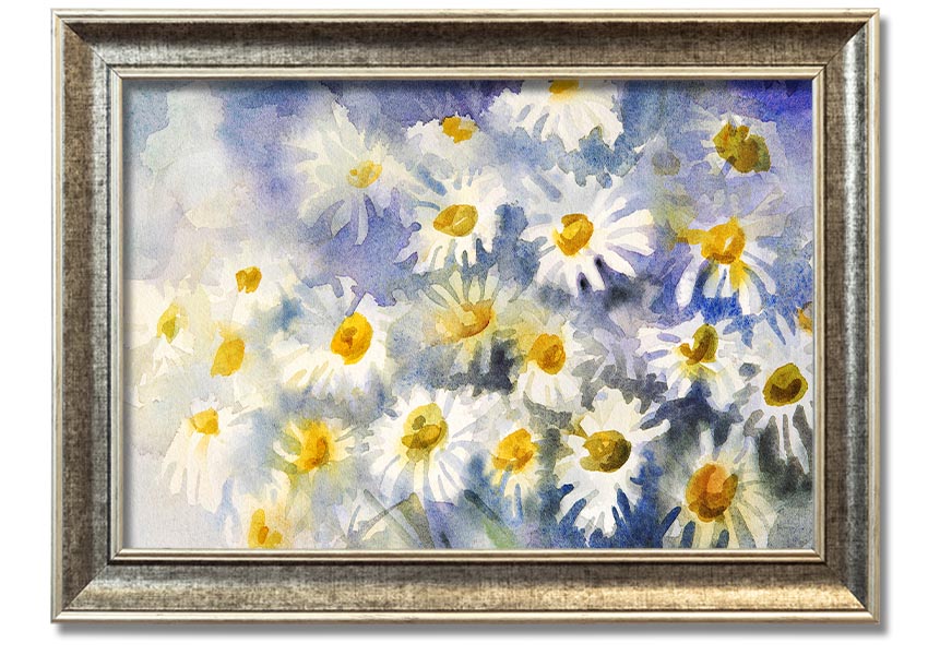 Abstract Daisy Blues framed print featuring vibrant blue tones and a unique daisy design, ready to hang.