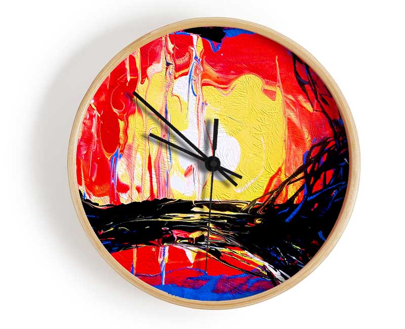 Abstract Earth clock made from natural bamboo with a round face, available in black, white, and natural frame colors.