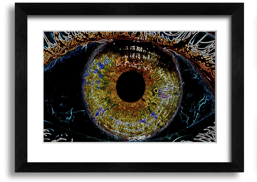 A beautifully framed Abstract Eye print showcasing vibrant colors and intricate details, ready to hang.