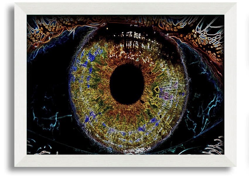 A beautifully framed Abstract Eye print showcasing vibrant colors and intricate details, ready to hang.