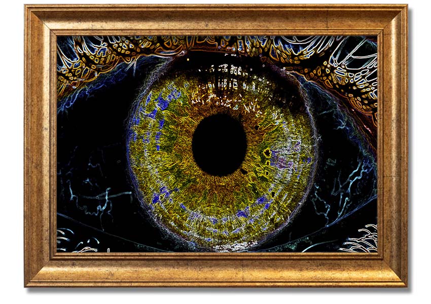 A beautifully framed Abstract Eye print showcasing vibrant colors and intricate details, ready to hang.