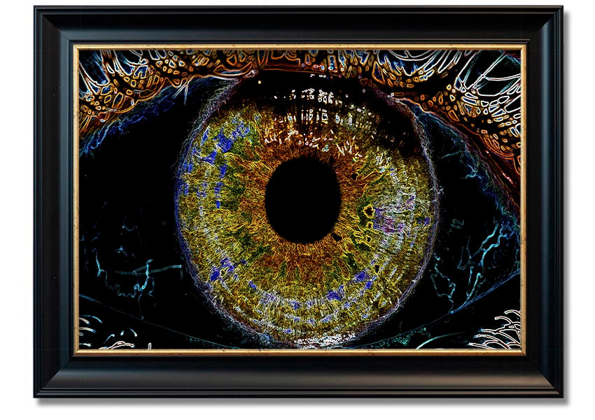 A beautifully framed Abstract Eye print showcasing vibrant colors and intricate details, ready to hang.