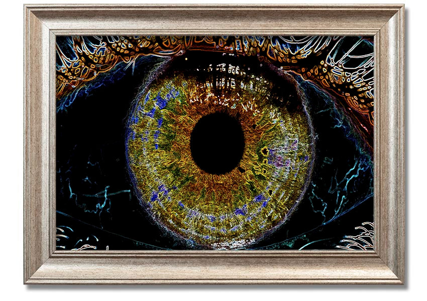 A beautifully framed Abstract Eye print showcasing vibrant colors and intricate details, ready to hang.