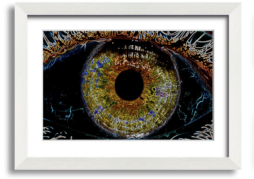 A beautifully framed Abstract Eye print showcasing vibrant colors and intricate details, ready to hang.