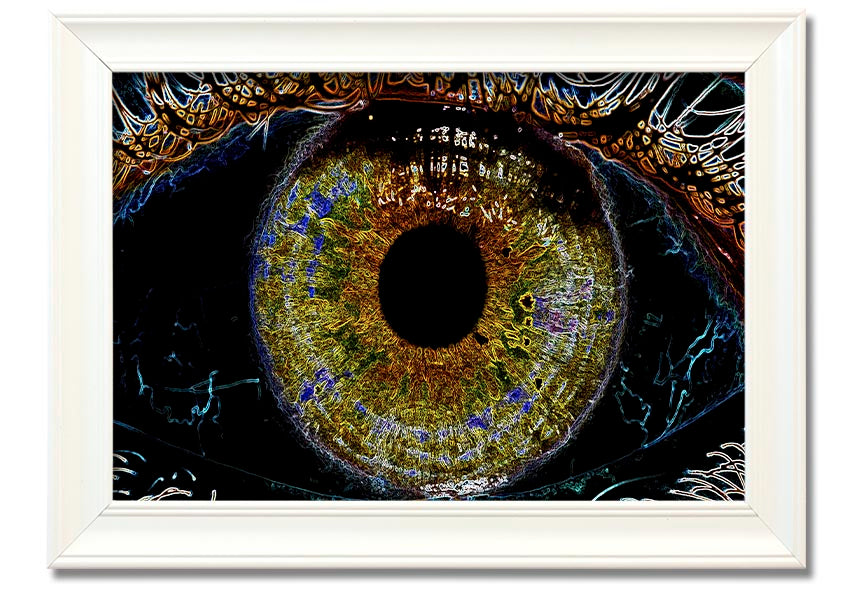 A beautifully framed Abstract Eye print showcasing vibrant colors and intricate details, ready to hang.