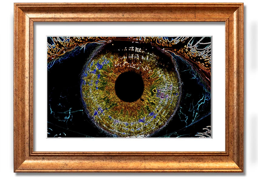 A beautifully framed Abstract Eye print showcasing vibrant colors and intricate details, ready to hang.