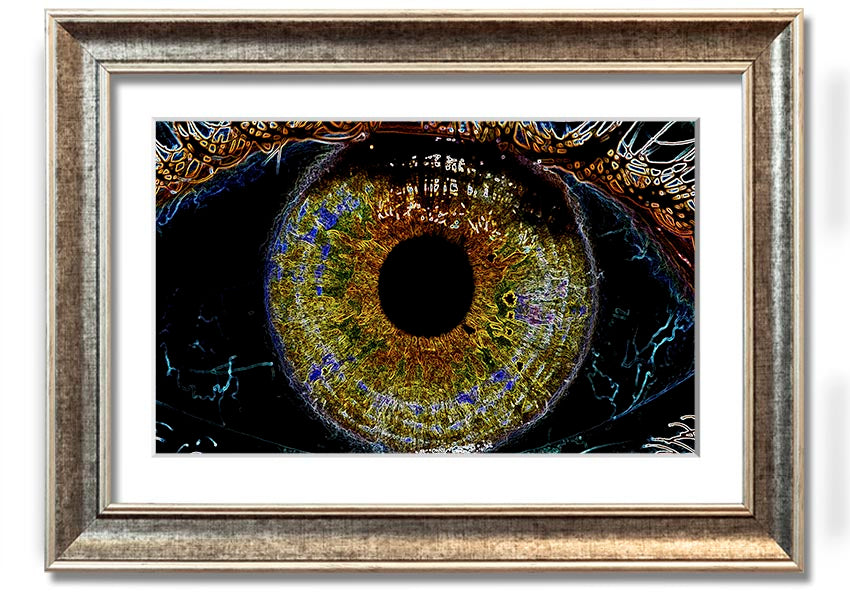 A beautifully framed Abstract Eye print showcasing vibrant colors and intricate details, ready to hang.