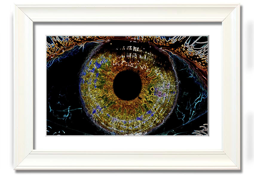 A beautifully framed Abstract Eye print showcasing vibrant colors and intricate details, ready to hang.