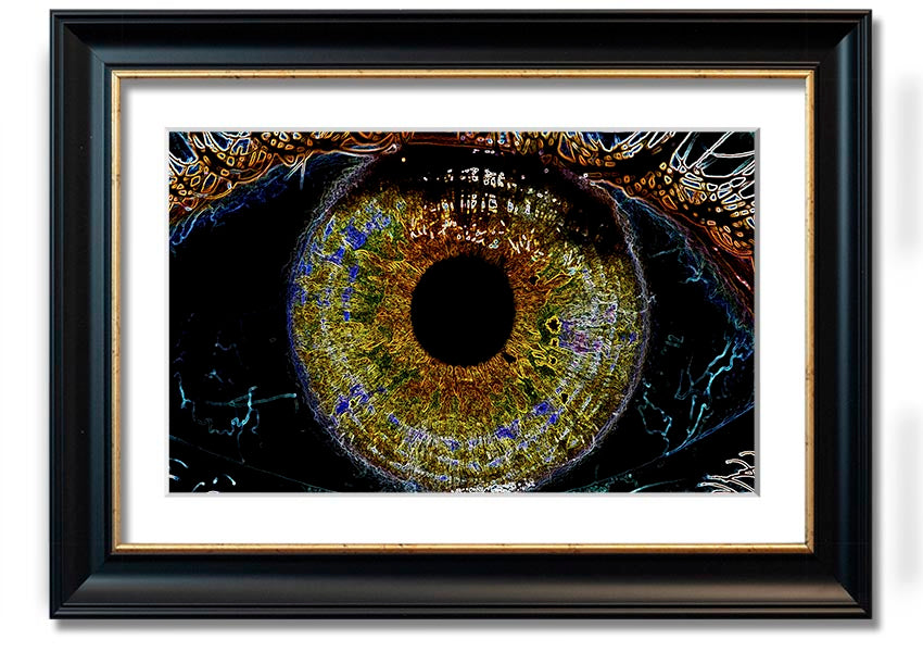 A beautifully framed Abstract Eye print showcasing vibrant colors and intricate details, ready to hang.