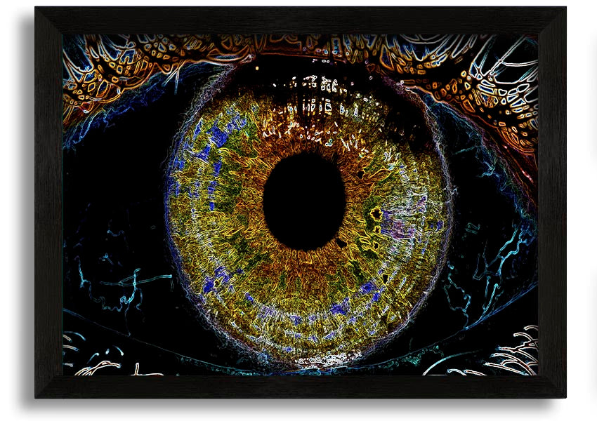 A beautifully framed Abstract Eye print showcasing vibrant colors and intricate details, ready to hang.