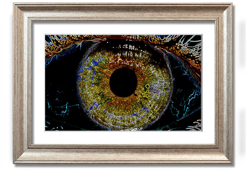 A beautifully framed Abstract Eye print showcasing vibrant colors and intricate details, ready to hang.