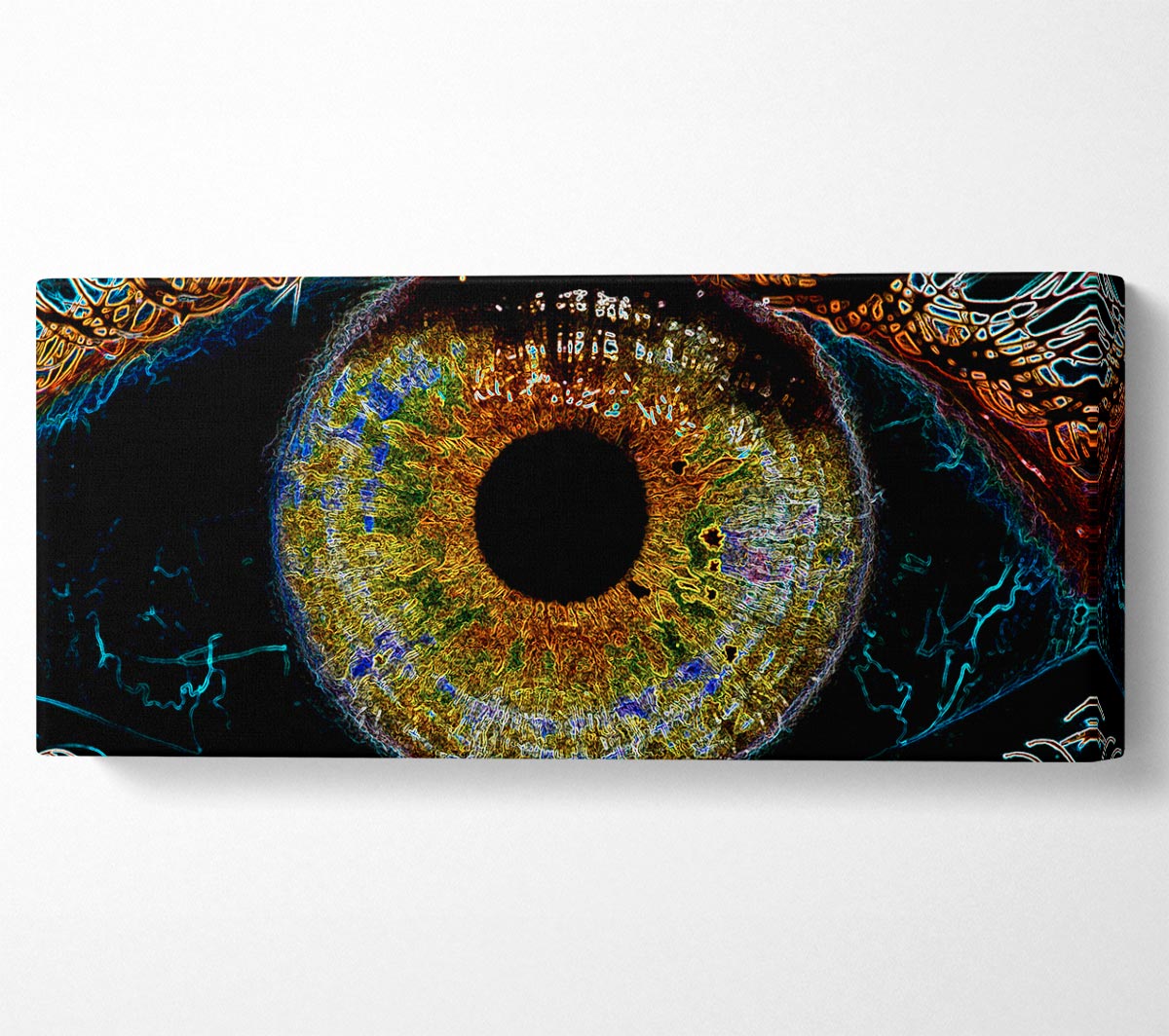 Abstract Eye canvas art printed on coated polyester, mounted on a 44mm box frame, showcasing vibrant colors and modern design.