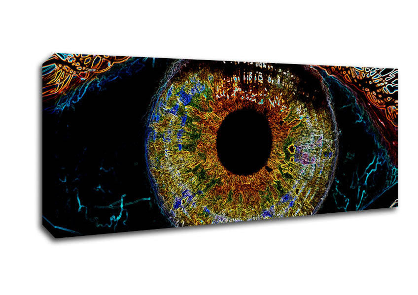 Abstract Eye canvas art printed on coated polyester, mounted on a 44mm box frame, showcasing vibrant colors and modern design.