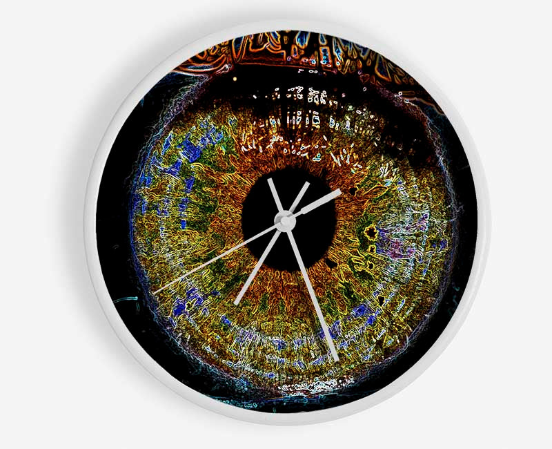 Abstract Eye clock made from natural bamboo with a round face, available in black, white, and natural frame colors.