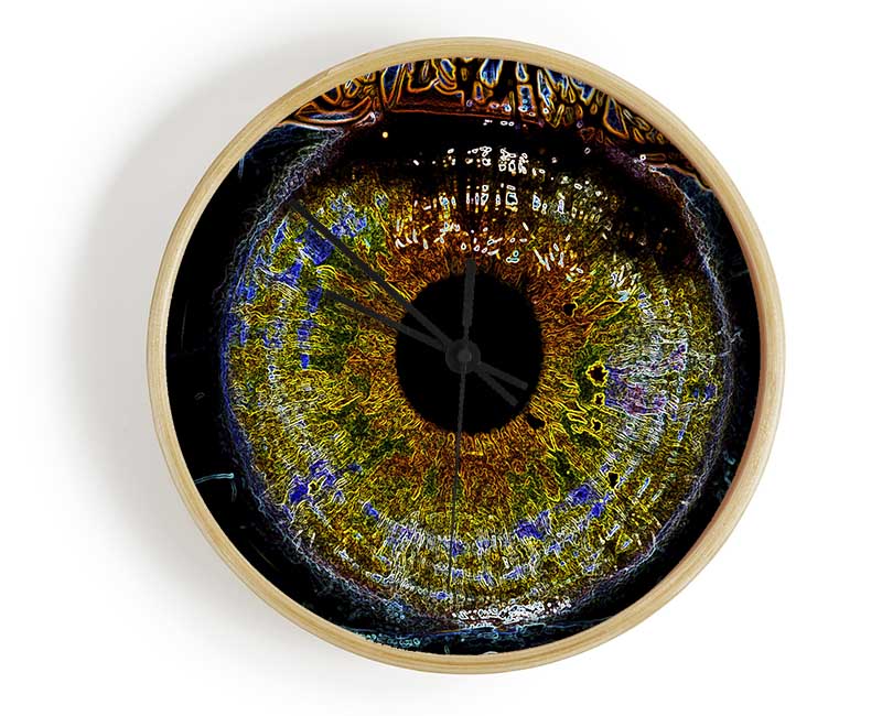 Abstract Eye clock made from natural bamboo with a round face, available in black, white, and natural frame colors.