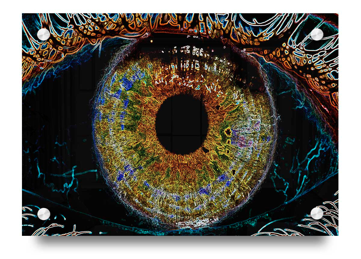 Abstract Eye acrylic print on 5mm thick acrylic glass, showcasing vibrant colors and modern design.