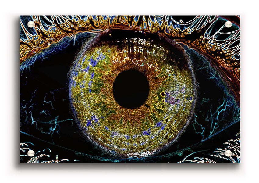 Abstract Eye acrylic print on 5mm thick acrylic glass, showcasing vibrant colors and modern design.