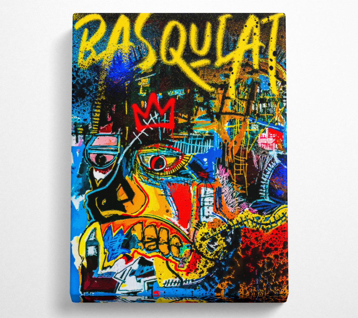 Abstract Face Basquiat artwork printed on coated polyester canvas, mounted on a 44mm box frame, showcasing vibrant colors and abstract design.