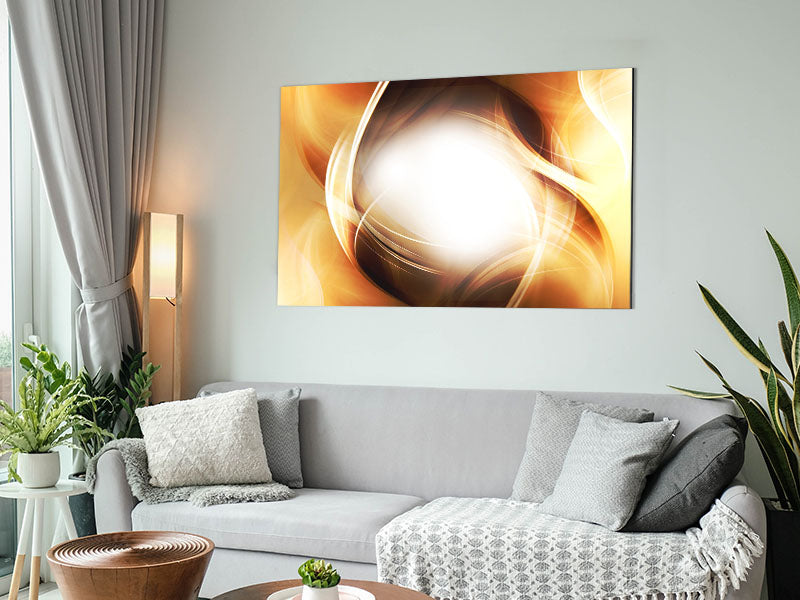 Abstract Fire Blend art piece printed on brushed aluminium dibond, showcasing vibrant colors and modern design.