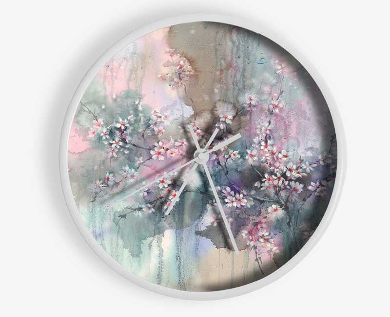 Abstract Flower Paradise clock made of natural bamboo with a round face and clear Plexiglas lens, available in black, white, and natural frame colors.