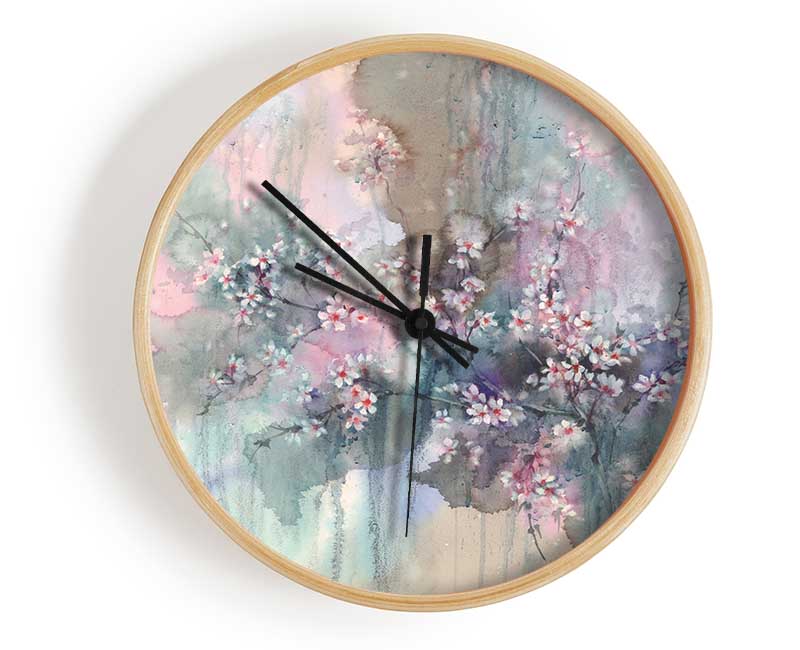 Abstract Flower Paradise clock made of natural bamboo with a round face and clear Plexiglas lens, available in black, white, and natural frame colors.