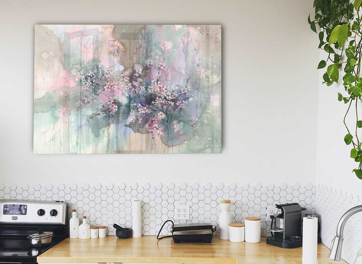 A vibrant abstract glass print featuring colorful flowers, perfect for modern home decor.