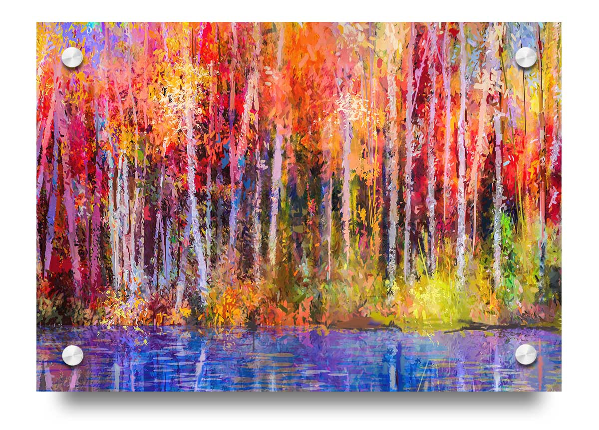 Vibrant abstract acrylic print depicting colorful strokes of a forest, showcasing depth and modern design.