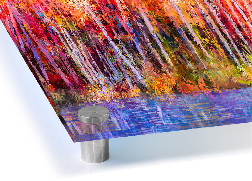 Vibrant abstract acrylic print depicting colorful strokes of a forest, showcasing depth and modern design.