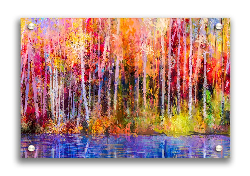 Vibrant abstract acrylic print depicting colorful strokes of a forest, showcasing depth and modern design.