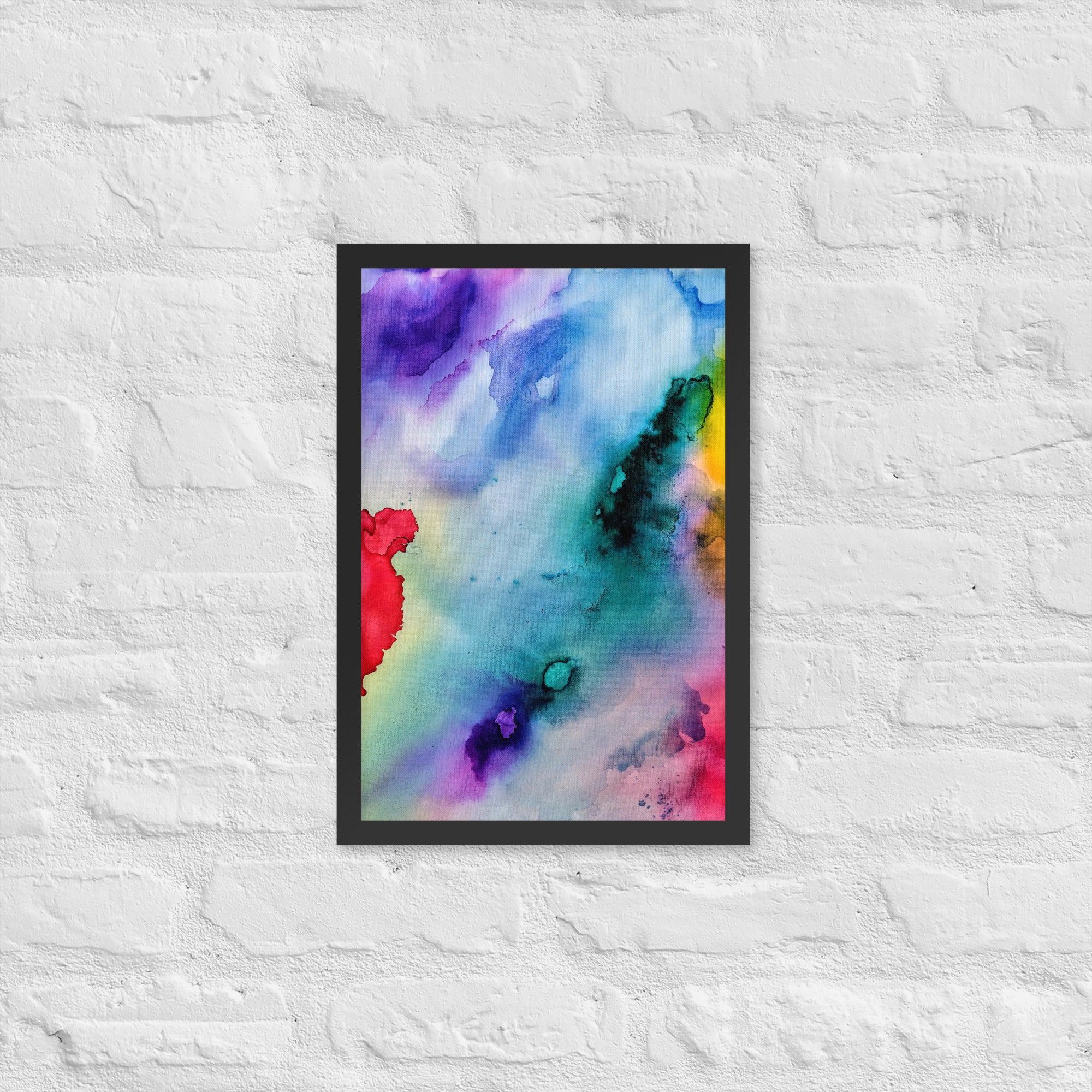 An elegant abstract framed poster featuring a modern design, displayed in a stylish matte black wooden frame, perfect for home decor.