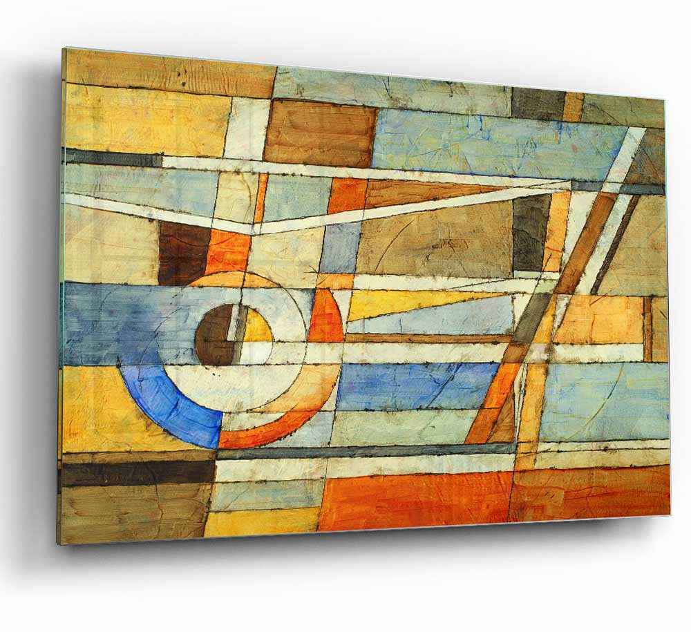 A vibrant glass print featuring abstract grids of colors, perfect for modern home decor.