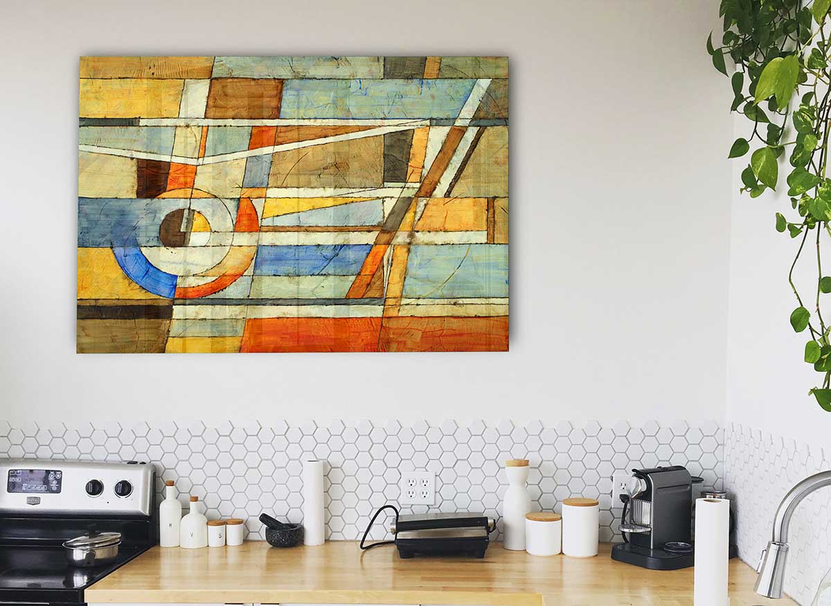 A vibrant glass print featuring abstract grids of colors, perfect for modern home decor.